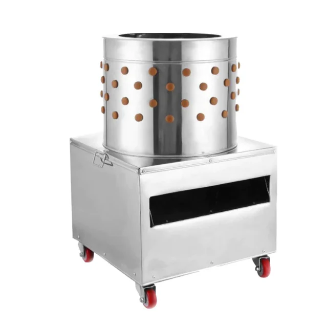 Stainless-steel chicken plucker with a cylindrical drum and wheeled base