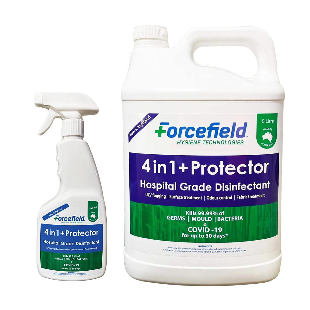 Forcefield product packaging, with a spray bottle and larger container