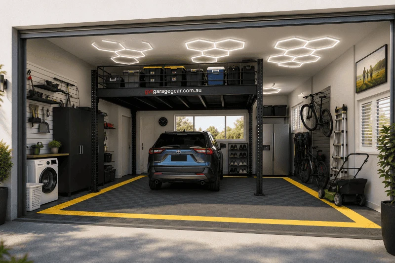 Supplied garage reference showing a storage platform above a parked car