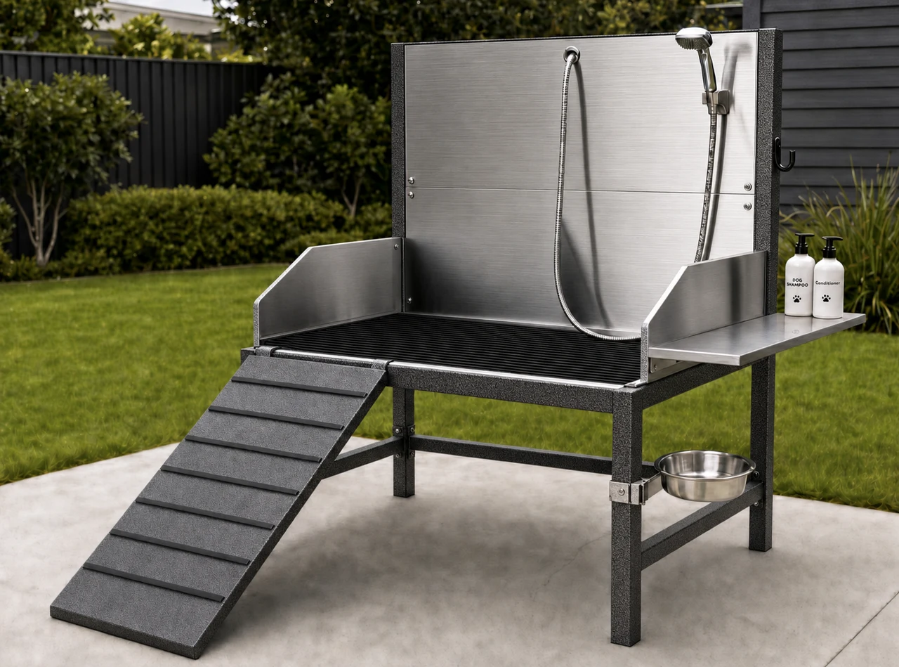 Raised dog wash bay with a ramp, hand-held shower and stainless-steel washing area