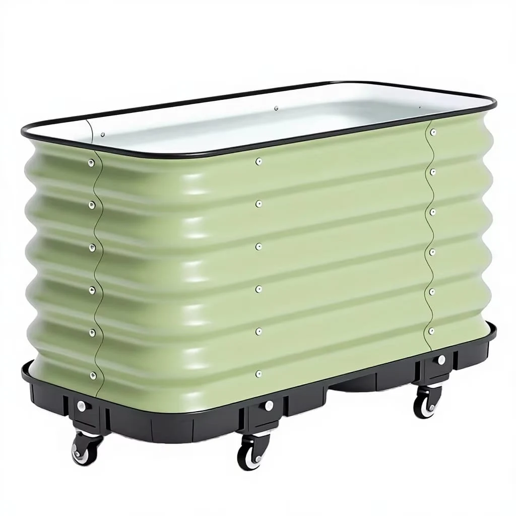 Green wicking garden bed with a black base and wheels